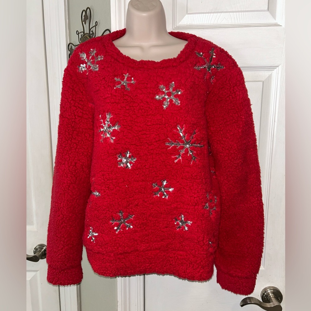 Red Fuzzy Snowflake Sweater Womens Silver Sequins Cozy Christmas Winter Holiday